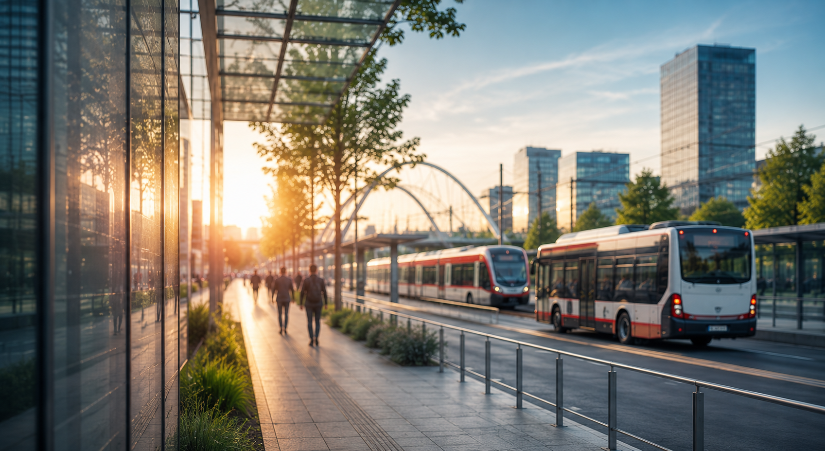 Moderne urbane Verkehrsszene mit Bus und Schienenverkehr vor zeitgen&ouml;ssischer Architektur bei Sonnenlicht.