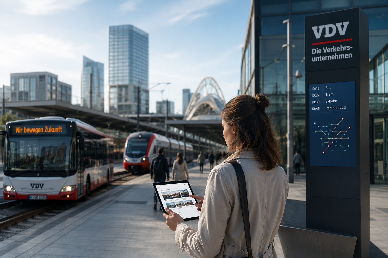 Moderne Mobilit&auml;tsplattform im &Ouml;PNV-Umfeld mit Bus und Schienenverkehr als Sinnbild f&uuml;r sichere, digital unterst&uuml;tzte Prozesse und Qualit&auml;tssicherung.