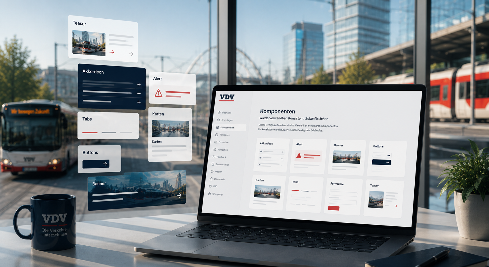 Digitale Komponentenbibliothek f&uuml;r eine Mobilit&auml;tsplattform auf Laptop dargestellt, eingebettet in modernes &Ouml;PNV-Umfeld.